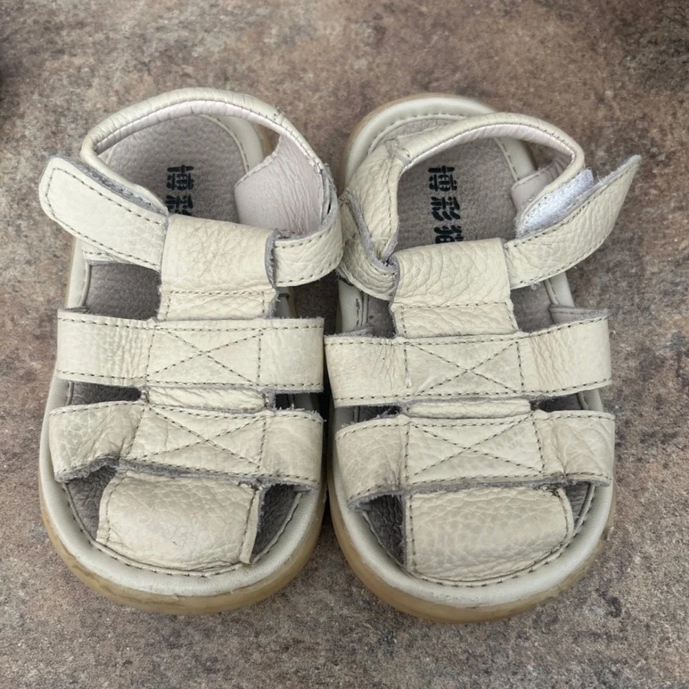 Toddler Leather Summer Sandals Barefoot Flexible with Hook-and-Loop Strap